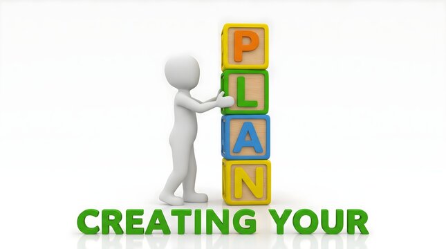 White 3d character stacking colorful wooden alphabet blocks spelling plan next to green creating your text on bright white studio background rendering illustration depicting strategy development conce