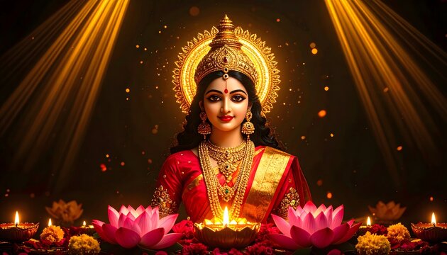 Goddess Durga Navratri Portrait with Golden Halo, Red Saree, Lotus Flowers and Divine Light