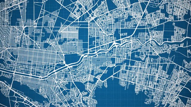 Ink reveal animation of Guadalupe city, Nuevo Le&oacute;n, Mexico (M&eacute;xico) grid map. Aerial top view. Blueprint style. White lines with blue background. 4K Seamless loop.