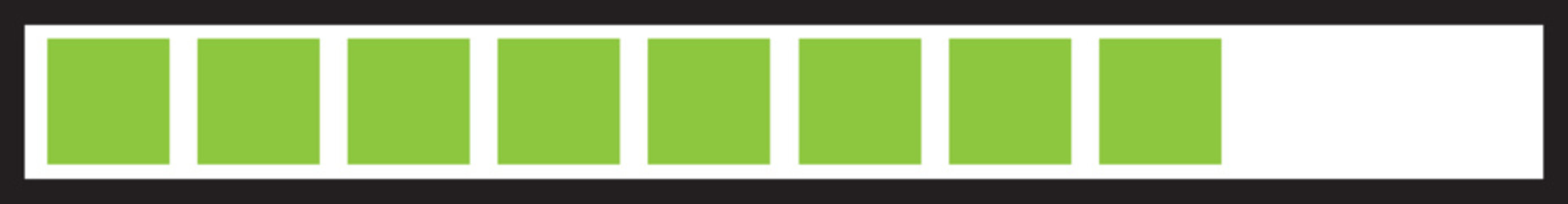 Green segmented loading progress bar icon with eight blocks filled, ideal for step based app preloaders, website buffering screens, and UI design element.