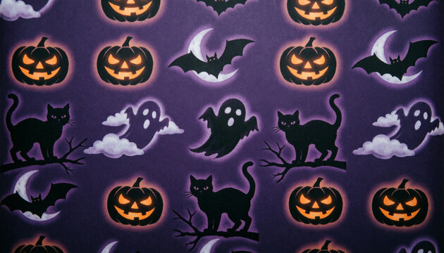 Patr&oacute;n sin costuras de Halloween con calabazas, gatos negros, murci&eacute;lagos y fantasmas sobre fondo morado / Seamless Halloween Pattern with Pumpkins, Black Cats, Bats, and Ghosts on Purple Background
