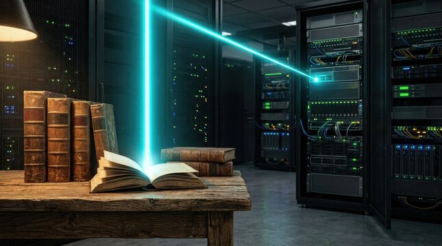 Innovative cloud storage architecture with Books releasing cyan light illuminating modern enterprise data center