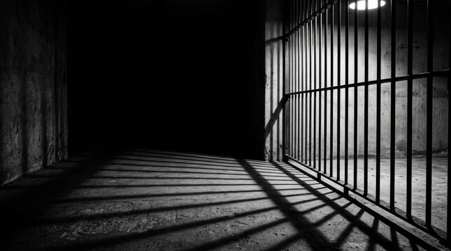 Dramatic shadow patterns of prison window bars stretching across austere institutional room floor, capturing contemporary aesthetic with refined negative space