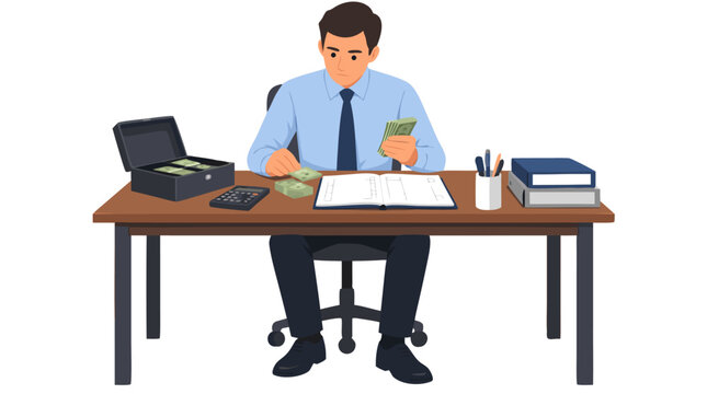 Serious businessman in blue shirt and tie counting petty cash bills at wooden office desk with cash box calculator blank audit ledger books and pen holder flat vector illustration isolated on white
