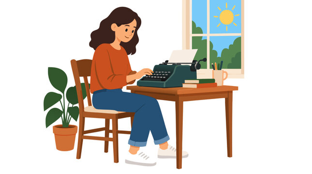 Young woman writer typing on vintage typewriter at small wooden desk beside bright sunny window with books and plant in cozy home office, cheerful flat vector illustration in bold colors