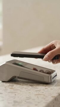 A hand tapping a smartphone into the NFC sensor of a POS payment terminal.