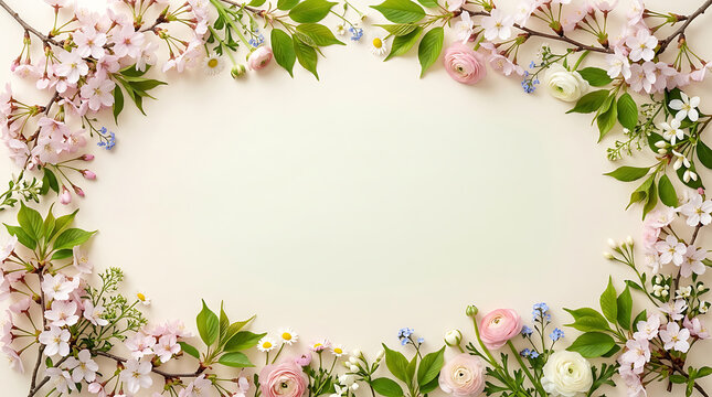 Delicate cherry blossom floral frame on white background with flower background