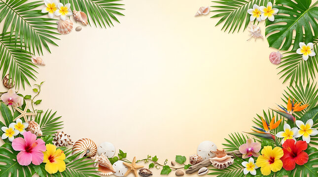 Tropical summer border with palm leaves exotic flowers and seashells