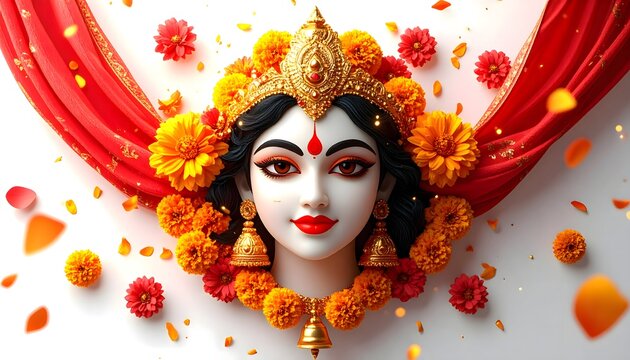 Goddess Durga Face with Golden Crown, Marigold Flowers and Red Drapes &ndash; Navratri Festival Artwork