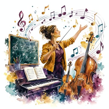 Watercolor Conductor Baton With A Swirl Of Music Notes