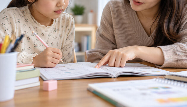 Korean mother, Korean girl, mother and daughter, family, child, school uniform, backpack, getting ready, home, parent and child, Asian, mother, daughter, girl, kid, school child, student, morning rout