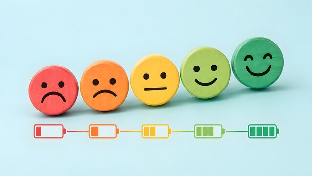 Emotion Rating Scale From Sad To Happy With Battery Status Indicators On Blue Background