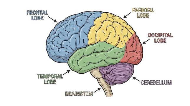 Detailed anatomical diagram of the human brain with labels.