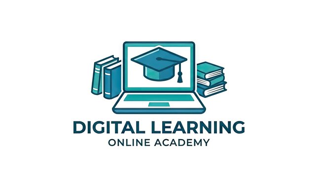 Digital learning online academy logo with laptop and books.
