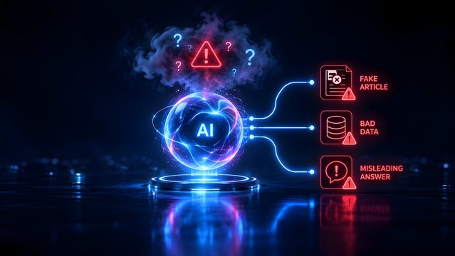 AI Artificial Intelligence Sphere With Smoke Cloud And Warning Signs Representing Fake Article And Bad Data