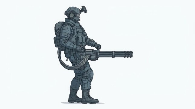 Futuristic heavy soldier wearing tactical armor with large weapon.