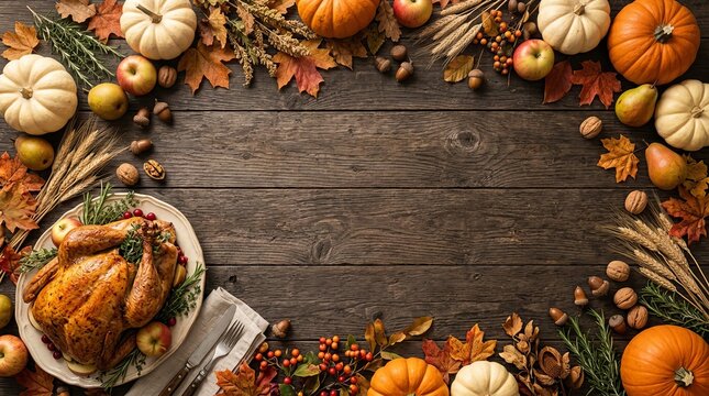 Roasted turkey on platter with pumpkins apples pears and autumn foliage frame on dark wooden surface for traditional thanksgiving dinner food concept.
