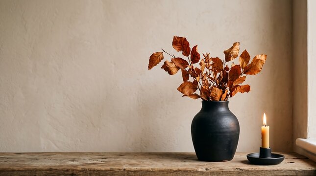 Dry autumn leaves arranged inside dark ceramic vase alongside burning candle resting on wooden table