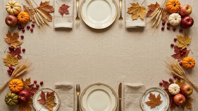 Elegant dining table setting with plates napkins and autumn harvest decorations on linen tablecloth for festive thanksgiving meal background template.