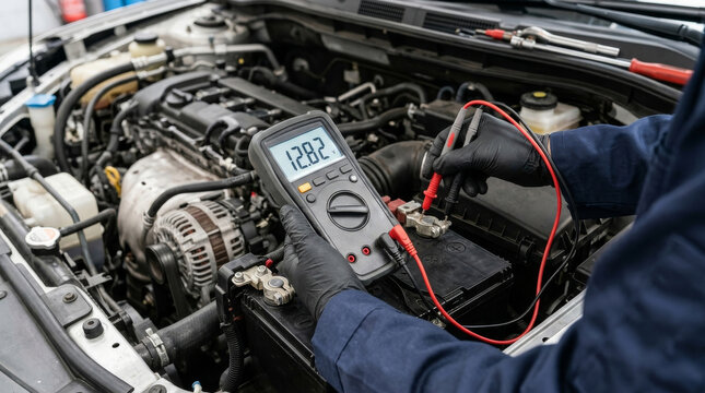 Car Battery Voltage Testing with Digital Multimeter During Repair