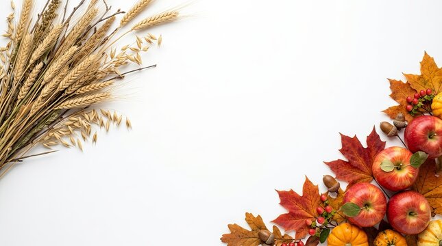 Autumn harvest border corner with wheat stalks red apples and maple leaves on white background for seasonal thanksgiving holiday greeting card design layout.