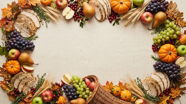 Abundant autumn harvest frame with cornucopia roasted turkey slices grapes pumpkins and colorful fall leaves on textured background for thanksgiving theme.