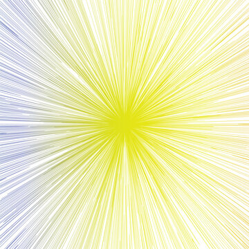 Abstract sunburst background with radiant yellow and blue light rays. Dynamic starburst explosion vector with glowing zoom lines. Bright cosmic supernova burst for energetic poster design.