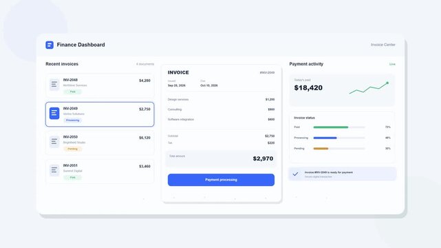 Financial dashboard user interface with data charts and invoices