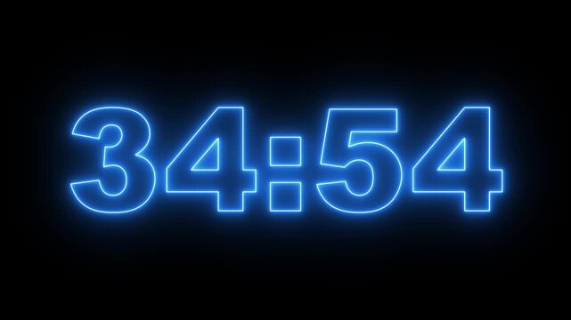 glowing neon cyan color 35 minute Countdown timer. neon 35 to 34 minute Countdown timer on black background. neon Countdown timer from 35 minute to 34 minute suitable for presentations, educational