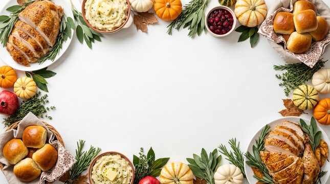 Roasted thanksgiving turkey and dinner sides frame on white wooden background for holiday feast invitation menu or celebration card graphic elements.