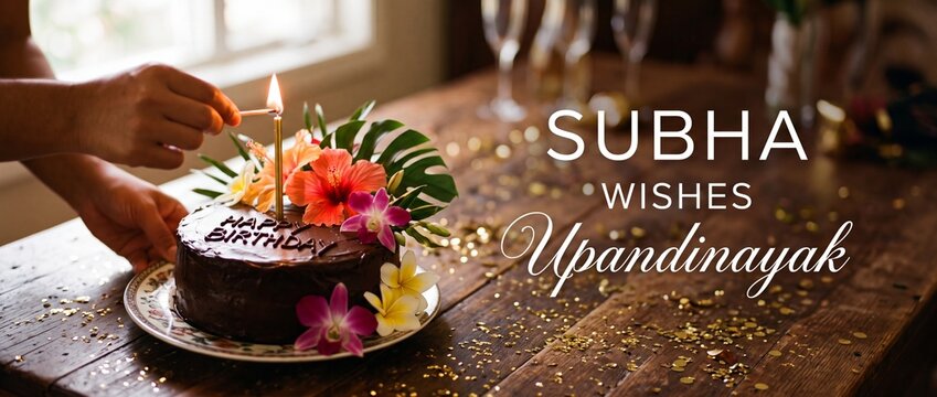 Happy birthday chocolate cake with lit candle and tropical flowers on wooden table with golden confetti, hands lighting candle for festive celebration banner with Subha Upandinayak greeting text.