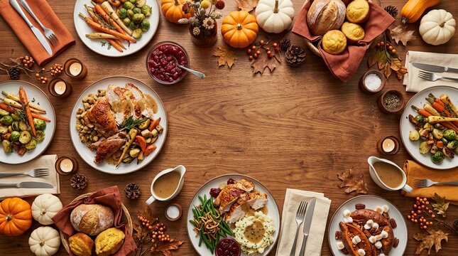 Complete thanksgiving dinner table spread with roasted turkey and multiple sides on rustic dark wooden background for holiday celebration food design.