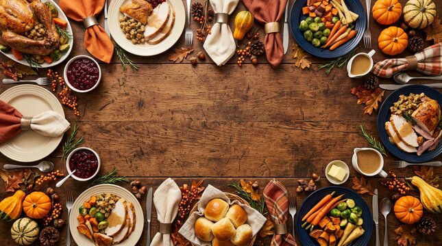 Thanksgiving table frame featuring roasted turkey and various traditional dinner sides on rustic wooden board for holiday feast menu card design layout.