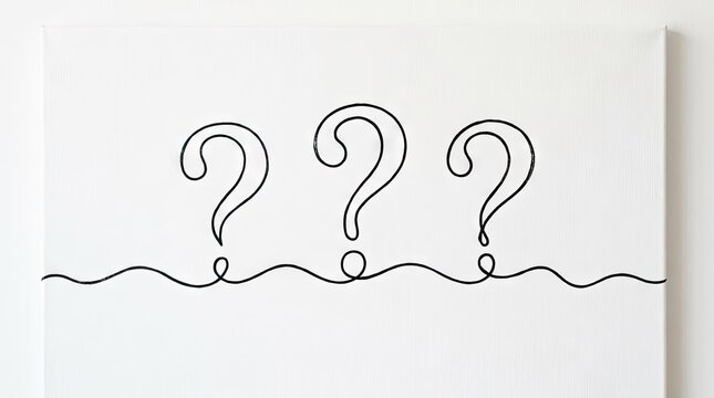 Continuous line drawing of three question mark symbols.