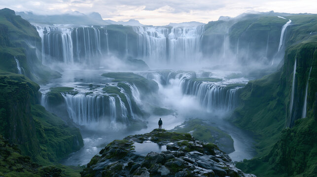 tiny hiker standing on a distant overlook facing a monumental multi-tier waterfall system, hundreds of meters of cascading water dominating the valley.