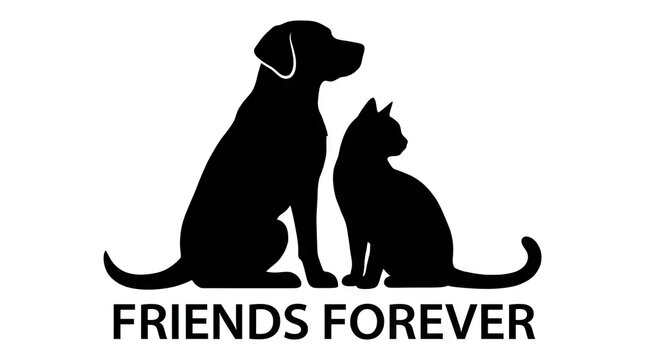 Dog and cat silhouette with friends forever text label.