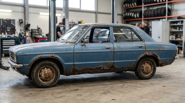 Vintage Car Under Restoration Inside Automotive Workshop