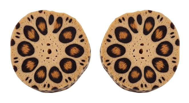 Close-up of two identical decorative eye patterns on a smooth surface isolated on transparent background
