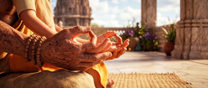 Elderly Indian guru and disciple meditating outdoors on temple terrace