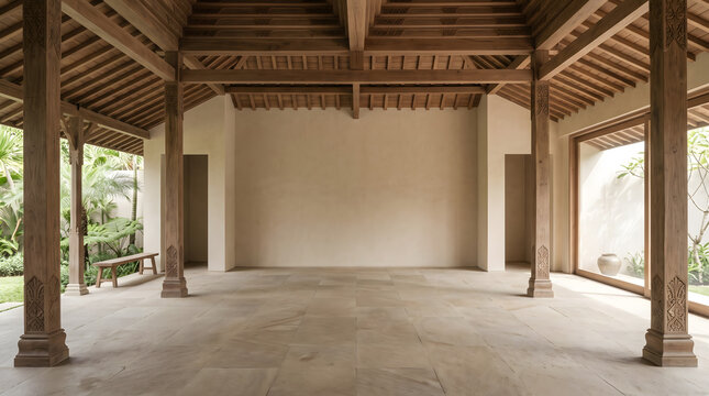 Modern minimalist joglo interior with blank beige wall carved wooden pillars and stone floor in tropical villa