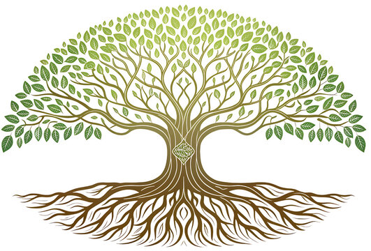 Minimalist Indian banyan tree, wide elegant canopy and intricate roots simplified into flowing geometric shapes, earthy green and brown palette, sophisticated nature illustration, white background.