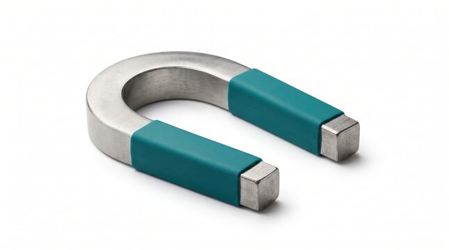A shiny metal horseshoe magnet with blue rubber grip coating