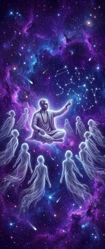 Elderly Indian guru teaching cosmic wisdom to disciples in starry space