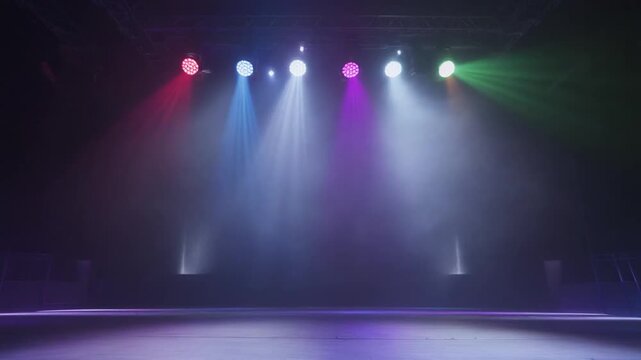 Dynamic stage lighting with colorful spotlights and smoke on empty stage