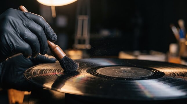 Gloved hand carefully dusts a spinning vinyl record under soft lighting