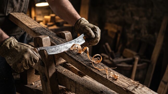 Hands wearing gloves plane wooden beam with precision in dimly lit workshop