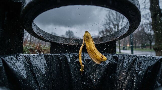 Banana peel hanging on a metal trash bin rim in the rain