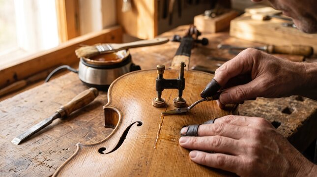 Master craftsman repairs violin crack using glue and clamp