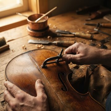 Master luthier repairs violin crack with precision tools on rustic workbench
