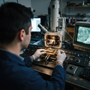 Over-the-shoulder view of researcher operating electron microscope
